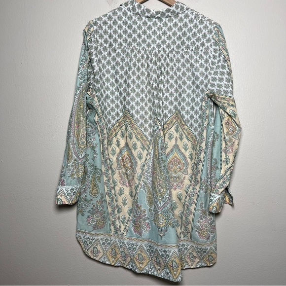 Soft‎ Surroundings Women Tunic Top Large Green Tan Popover Henley Dress Brunch - Picture 4 of 12